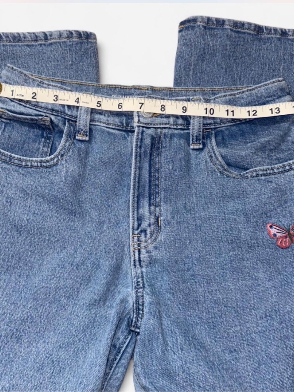 Old Navy  Blue Denim Flare Jeans with Butterfly Embroidery. Size girls 18 - Picture 4 of 8